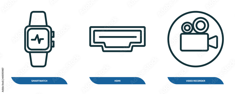 Poster set of 3 linear icons from electronic devices concept. outline icons such as smartwatch, hdmi, video