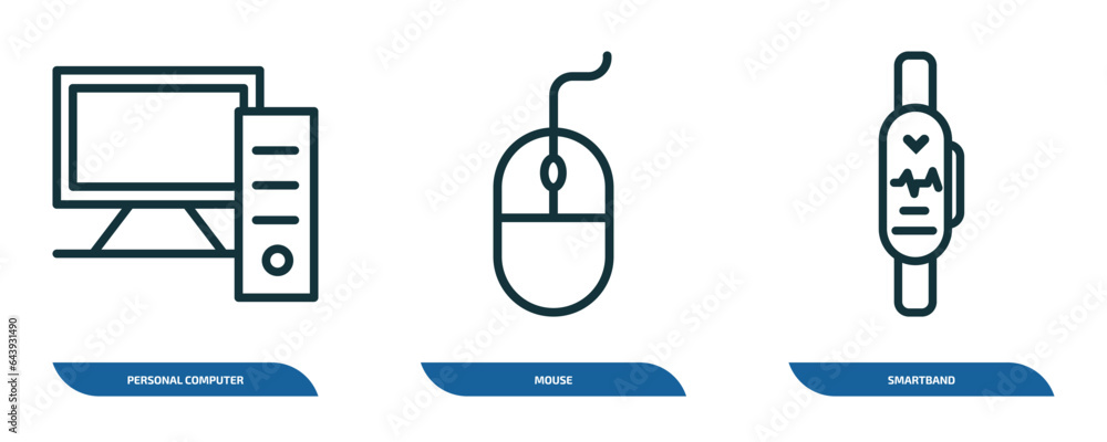 Poster set of 3 linear icons from electronic devices concept. outline icons such as personal computer, mous