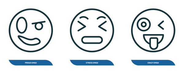 set of 3 linear icons from emoji concept. outline icons such as proud emoji, stress emoji, crazy vector