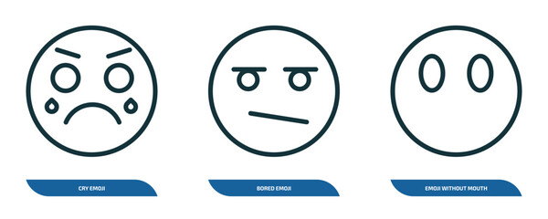 set of 3 linear icons from emoji concept. outline icons such as cry emoji, bored emoji, without mouth vector