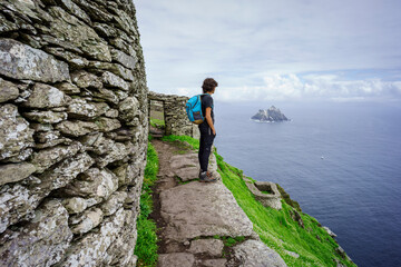 visitors on the steep path up to the monastery, Skellig Michael island, Mainistir Fhionáin (St....