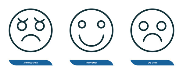 Fototapeta premium set of 3 linear icons from emoji concept. outline icons such as annoyed emoji, happy emoji, sad vector