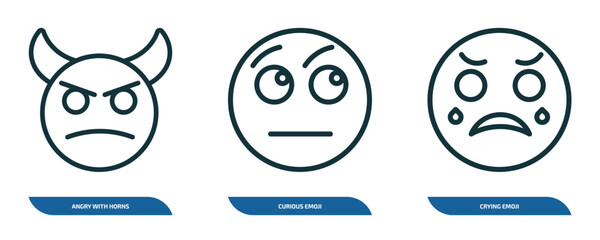 set of 3 linear icons from emoji concept. outline icons such as angry with horns emoji, curious emoji, crying vector