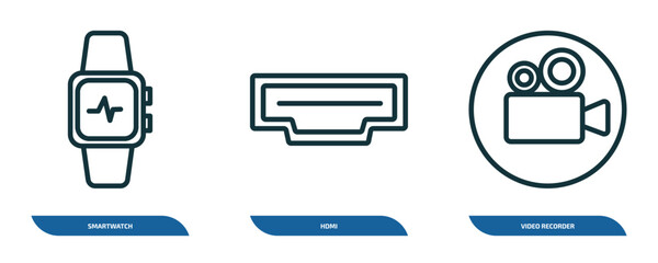 set of 3 linear icons from electronic devices concept. outline icons such as smartwatch, hdmi, video recorder vector