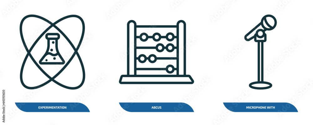 Poster set of 3 linear icons from education concept. outline icons such as experimentation, abcus, micropho