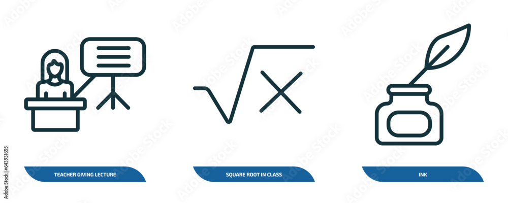 Poster set of 3 linear icons from literature concept. outline icons such as teacher giving lecture, square 