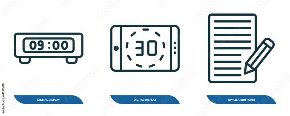 Poster set of 3 linear icons from education concept. outline icons such as digital display 60, digital disp