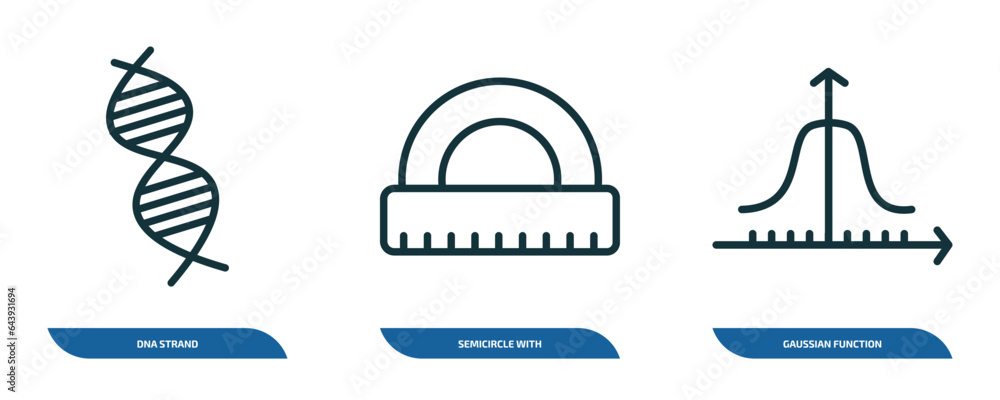 Poster set of 3 linear icons from education concept. outline icons such as dna strand, semicircle with rule