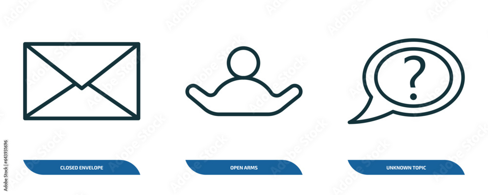 Poster set of 3 linear icons from education concept. outline icons such as closed envelope, open arms, unkn