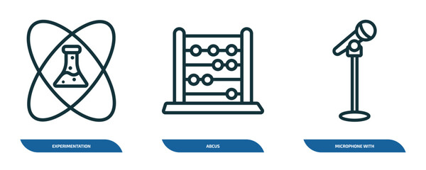 set of 3 linear icons from education concept. outline icons such as experimentation, abcus, microphone with stand vector