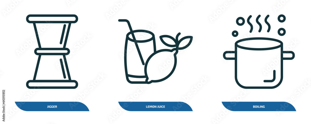 Poster set of 3 linear icons from drinks concept. outline icons such as jigger, lemon juice, boiling vector