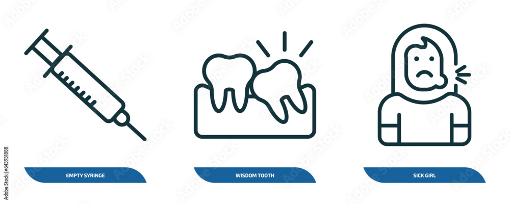 Poster set of 3 linear icons from dentist concept. outline icons such as empty syringe, wisdom tooth, sick 