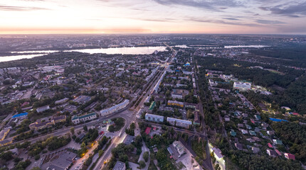 Fototapeta na wymiar Lipetsk, Russia. Metallurgical plant. Left Bank District. Glow after sunset. Summer. Aerial view