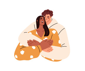 Love couple hugging. Man embracing woman from behind. Happy girl and guy valentines in romantic relationships. Enamored partners cuddling. Flat vector illustration isolated on white background