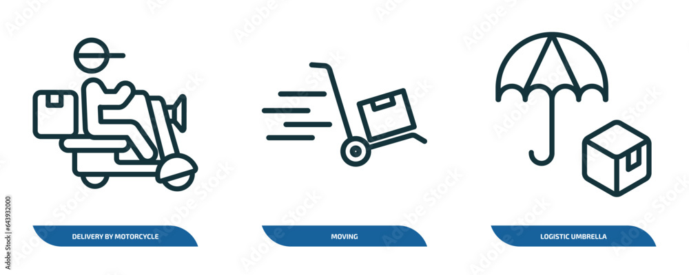 Poster set of 3 linear icons from delivery and logistic concept. outline icons such as delivery by motorcyc