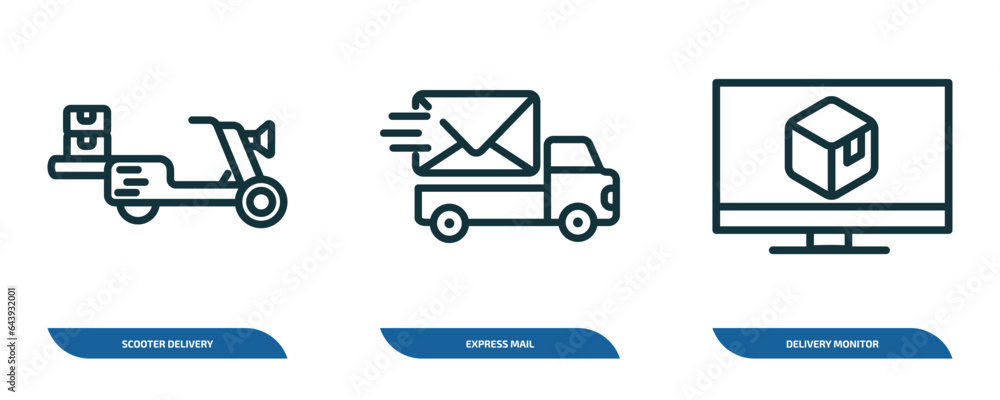 Poster set of 3 linear icons from delivery and logistic concept. outline icons such as scooter delivery, ex