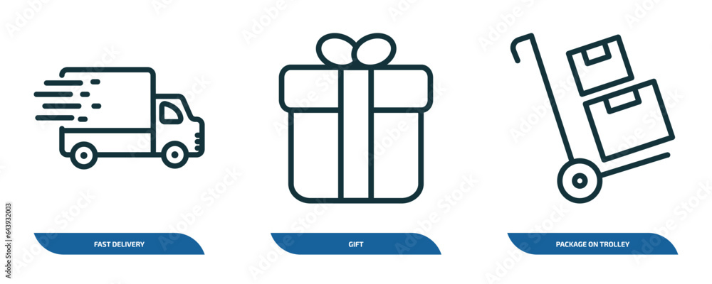 Poster set of 3 linear icons from delivery and logistic concept. outline icons such as fast delivery, gift,