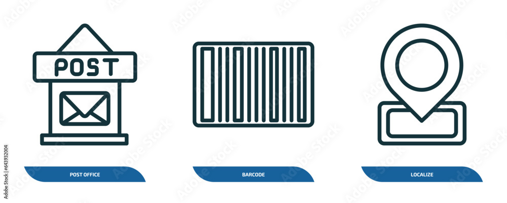 Poster set of 3 linear icons from delivery and logistic concept. outline icons such as post office, barcode