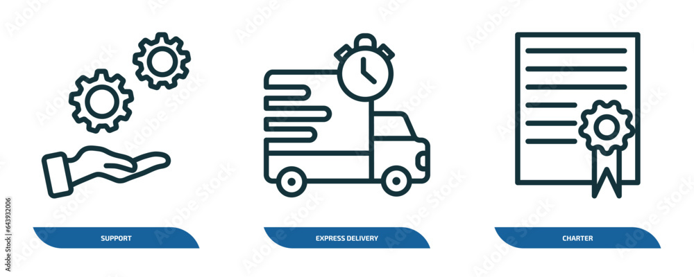 Poster set of 3 linear icons from delivery and logistic concept. outline icons such as support, express del