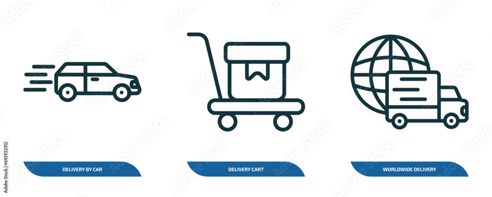 Poster set of 3 linear icons from delivery and logistic concept. outline icons such as delivery by car, del