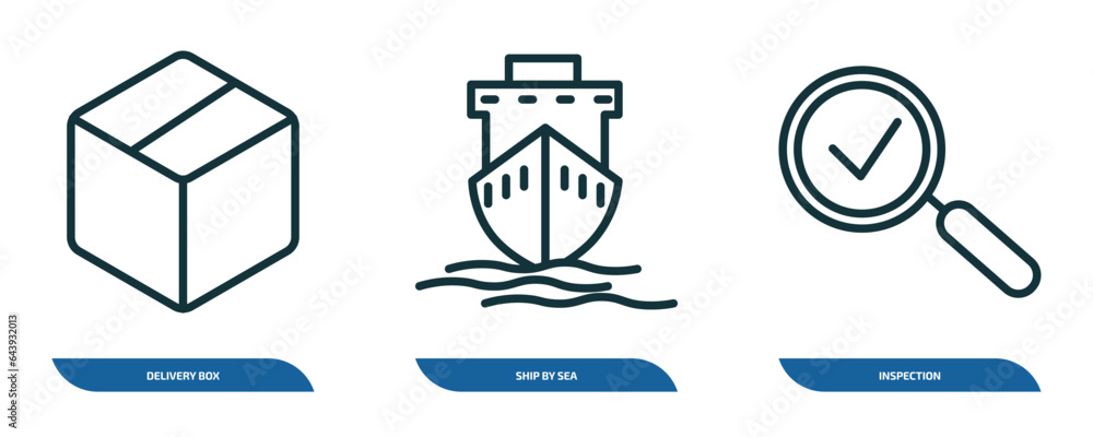 Poster set of 3 linear icons from delivery and logistic concept. outline icons such as delivery box, ship b