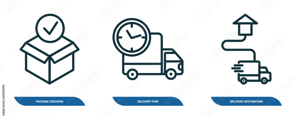 Poster set of 3 linear icons from delivery and logistic concept. outline icons such as package checking, de