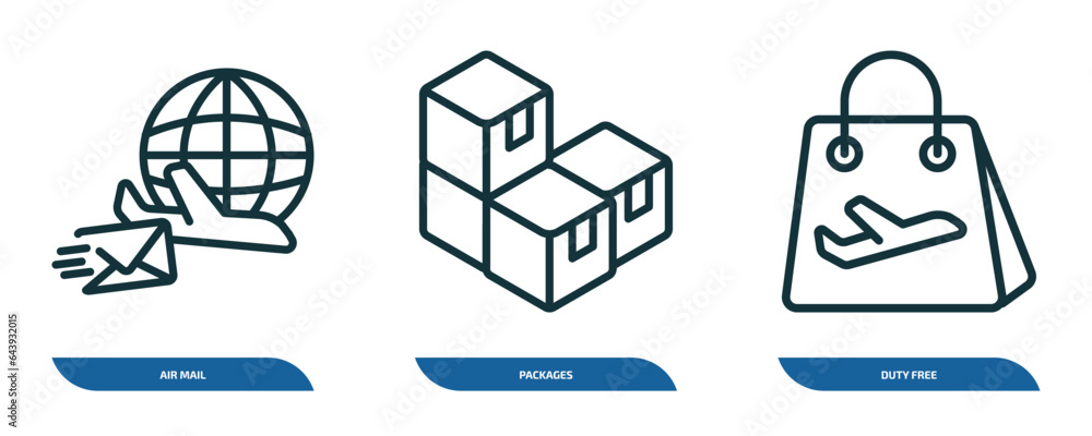Poster set of 3 linear icons from delivery and logistic concept. outline icons such as air mail, packages, 