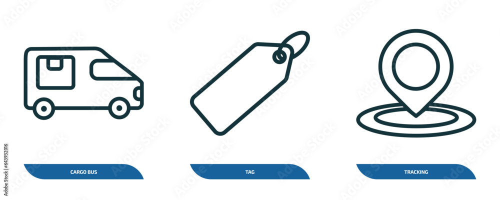 Poster set of 3 linear icons from delivery and logistic concept. outline icons such as cargo bus, tag, trac