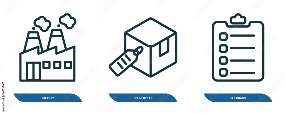 Poster set of 3 linear icons from delivery and logistic concept. outline icons such as factory, delivery ta