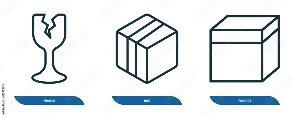 Poster set of 3 linear icons from delivery and logistic concept. outline icons such as fragile, box, packag