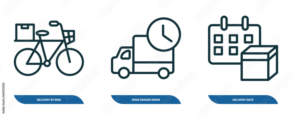 Poster set of 3 linear icons from delivery and logistic concept. outline icons such as delivery by bike, mi