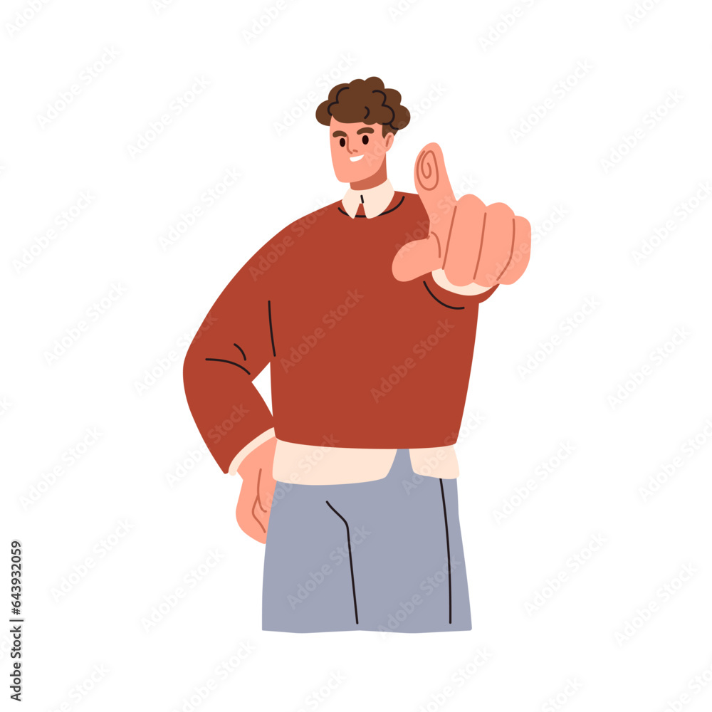Aufkleber happy person pointing with finger, picking you, gesturing with hand. smiling business man, office wo