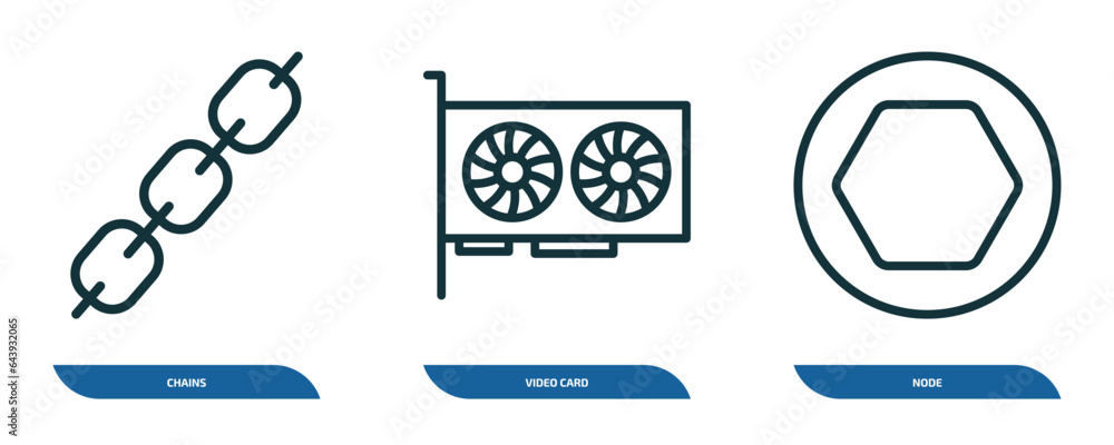 Poster set of 3 linear icons from cryptocurrency concept. outline icons such as chains, video card, node ve