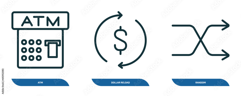 Poster set of 3 linear icons from cryptocurrency concept. outline icons such as atm, dollar reload, random 