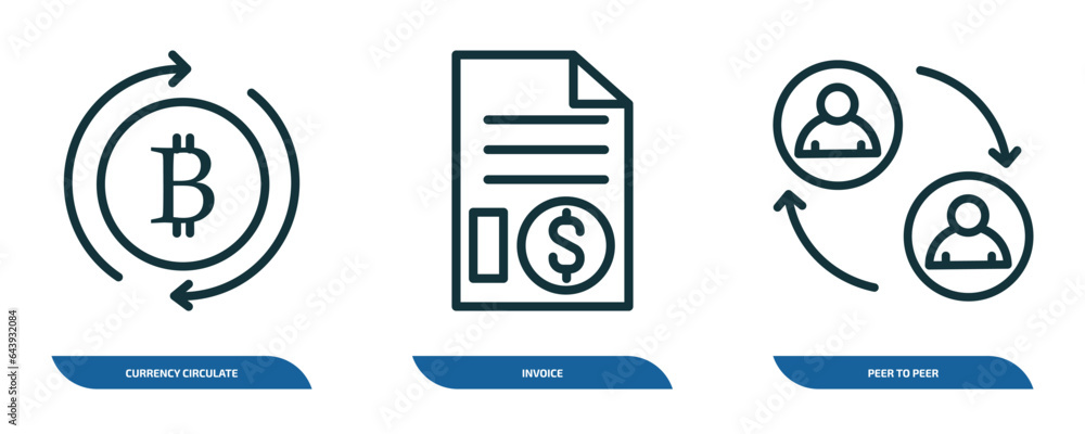 Poster set of 3 linear icons from cryptocurrency concept. outline icons such as currency circulate, invoice