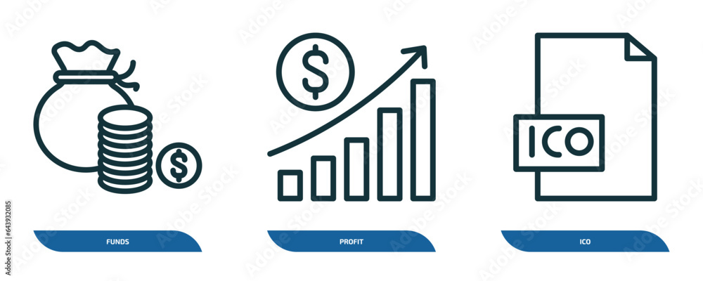 Poster set of 3 linear icons from blockchain concept. outline icons such as funds, profit, ico vector
