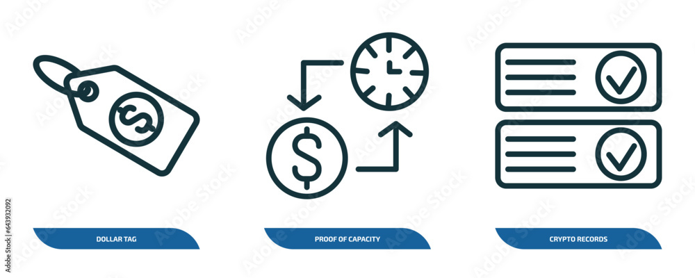 Poster set of 3 linear icons from cryptocurrency concept. outline icons such as dollar tag, proof of capaci