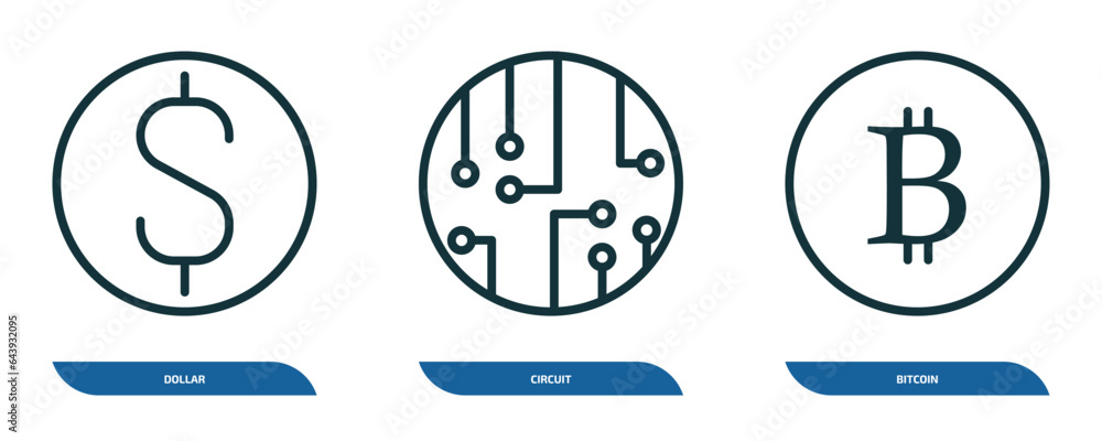 Poster set of 3 linear icons from cryptocurrency concept. outline icons such as dollar, circuit, bitcoin ve