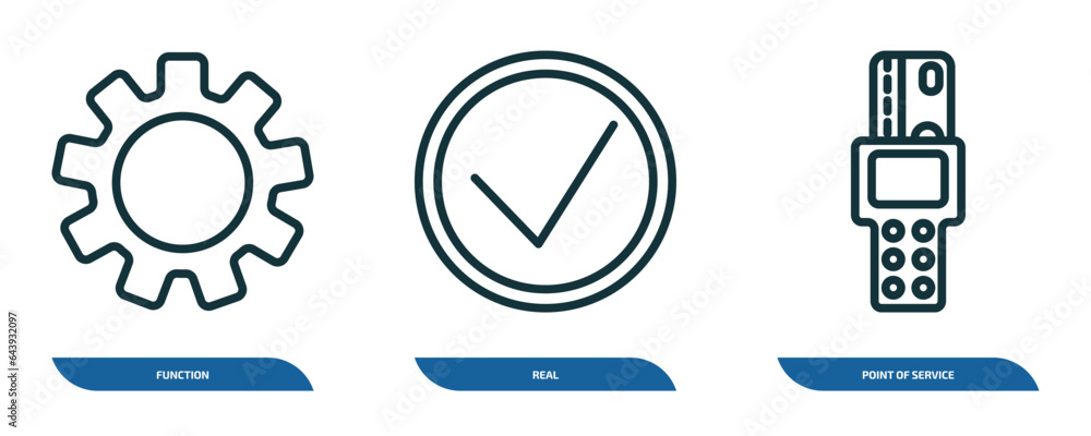 Poster set of 3 linear icons from cryptocurrency concept. outline icons such as function, real, point of se