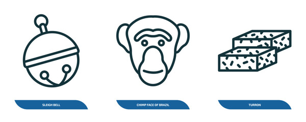 set of 3 linear icons from culture concept. outline icons such as sleigh bell, chimp face of brazil, turron vector