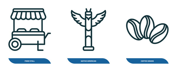 set of 3 linear icons from culture concept. outline icons such as food stall, native american totem, coffee grains vector