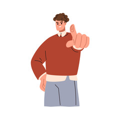 Happy person pointing with finger, picking you, gesturing with hand. Smiling business man, office worker showing forward in front of him. Flat graphic vector illustration isolated on white background