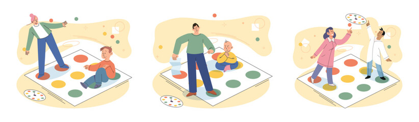 Game together. Family fun. Friendship time. Vector illustration. People playing games together create joyful and vibrant atmosphere The friendship forged through shared gaming experiences truly
