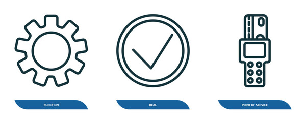 set of 3 linear icons from cryptocurrency concept. outline icons such as function, real, point of service vector