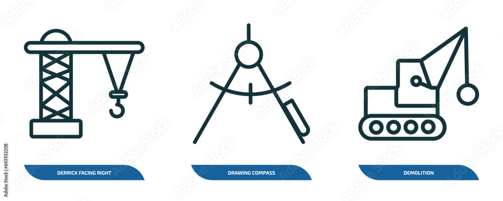 Poster set of 3 linear icons from construction concept. outline icons such as derrick facing right, drawing