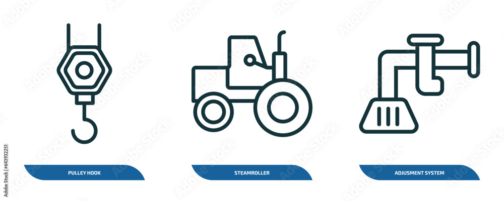 Poster set of 3 linear icons from construction concept. outline icons such as pulley hook, steamroller, adj