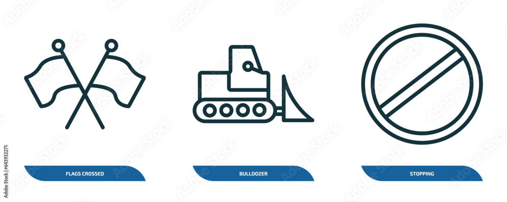 Aufkleber set of 3 linear icons from construction concept. outline icons such as flags crossed, bulldozer, sto