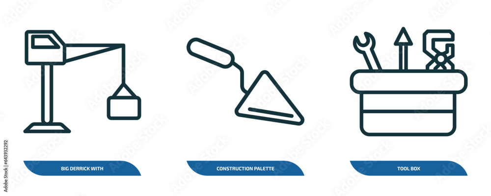 Poster set of 3 linear icons from construction concept. outline icons such as big derrick with boxes, const