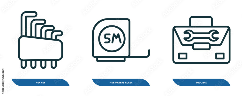Poster set of 3 linear icons from construction concept. outline icons such as hex key, five meters ruler, t