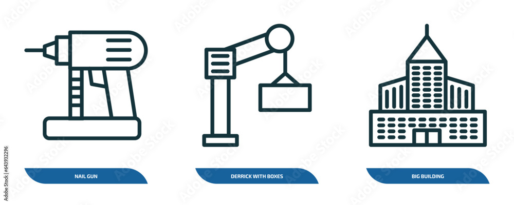 Poster set of 3 linear icons from construction concept. outline icons such as nail gun, derrick with boxes,
